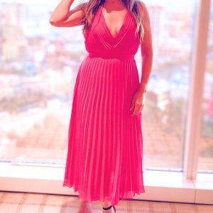 Hot Pink Pleated Chiffon Midi Dress